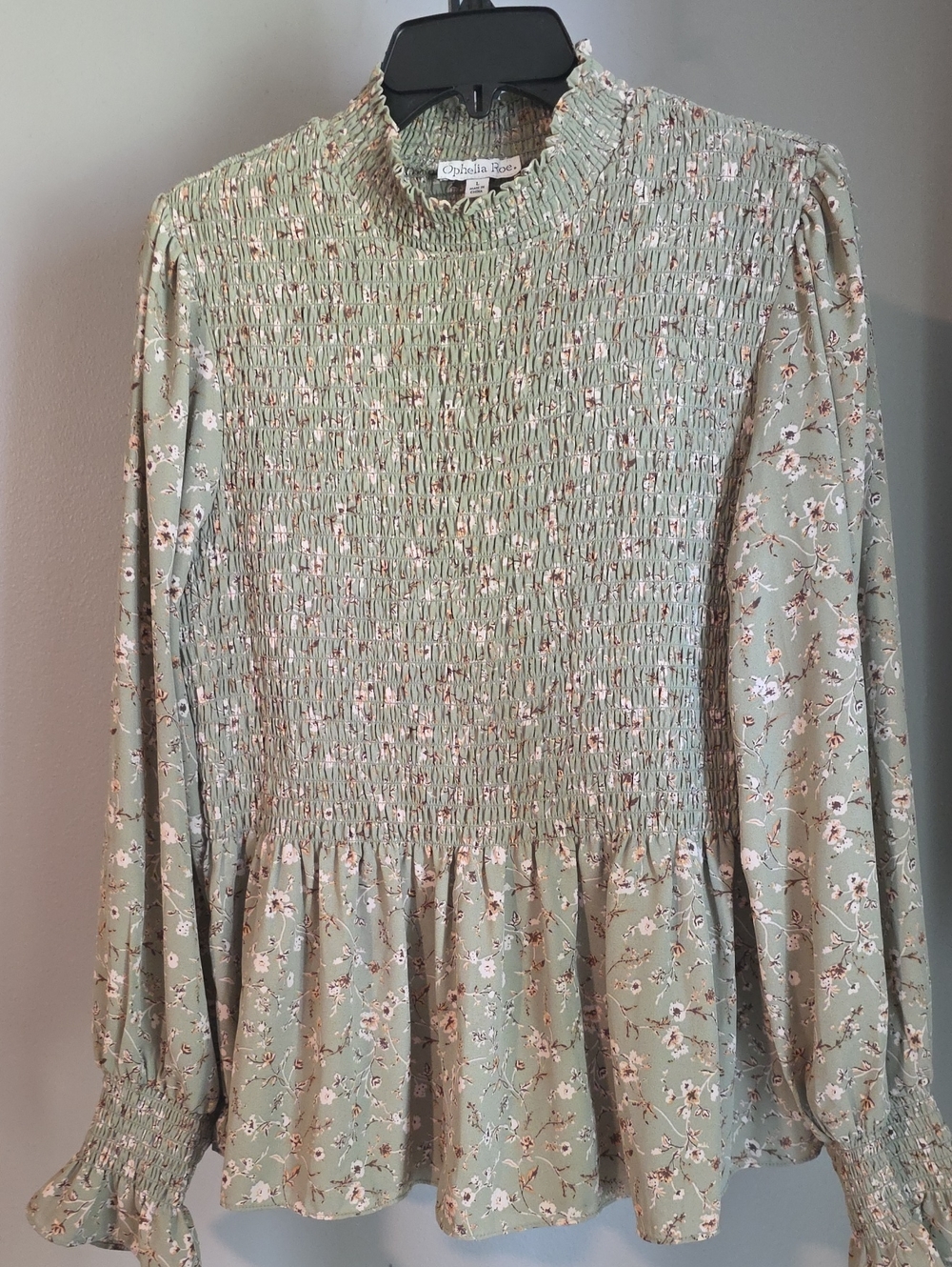 Smocked Sage Green Floral Peplum Blouse Size Large Ophelia Roe